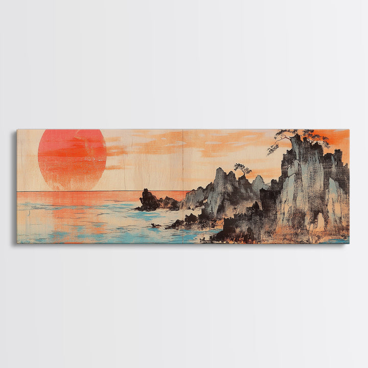 Red Sun Over Ocean Cliffs, Japanese Wall Art, Coastal Seascape Print, Panoramic Canvas, Modern Living Room Decor, Home Decor