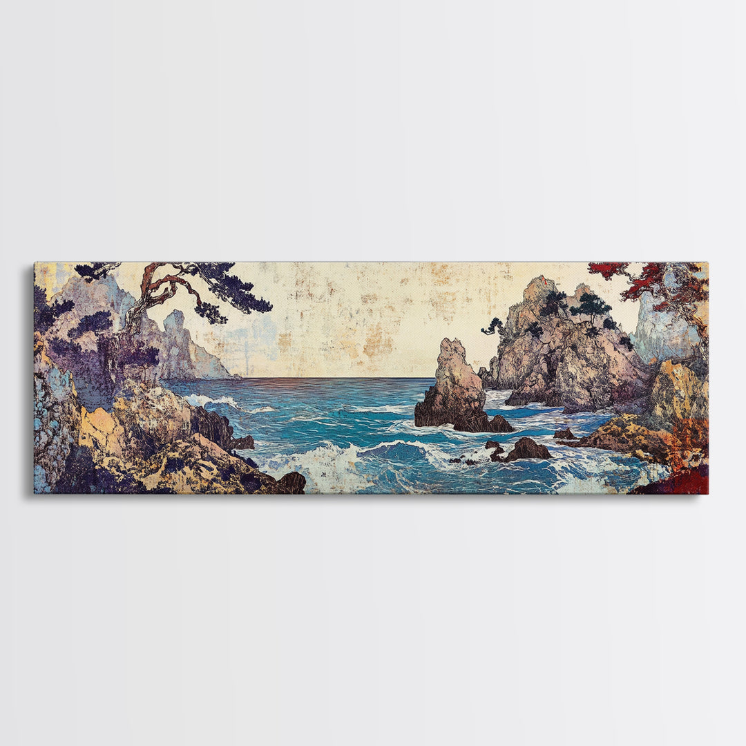Pine Framed Rocky Cove, Japanese Wall Art, Coastal Seascape Canvas Print, Ocean Wall Decor, Panoramic Living Room Art, Home Decor