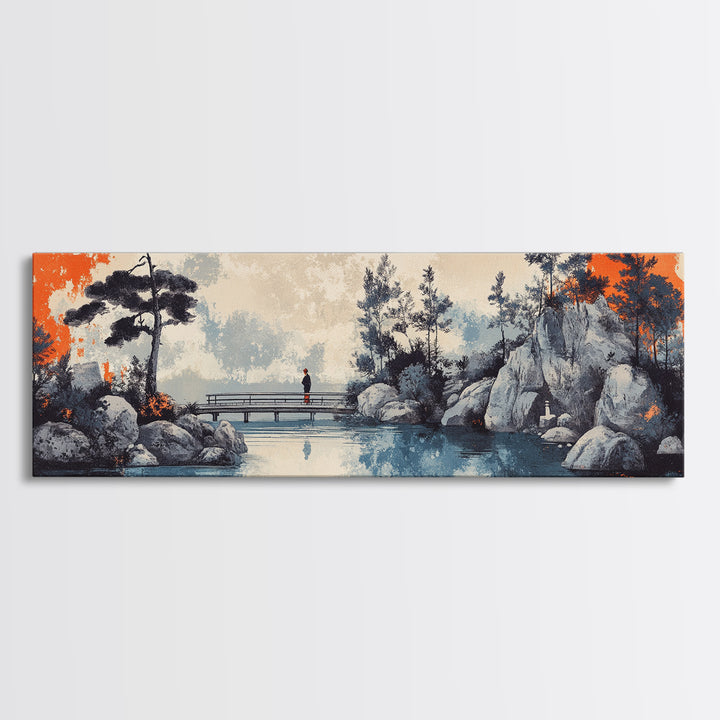 Serene Japanese Garden Bridge, Wall Art, Lake Landscape Canvas Print, Zen Home Decor, Calming Office And Living Room Art