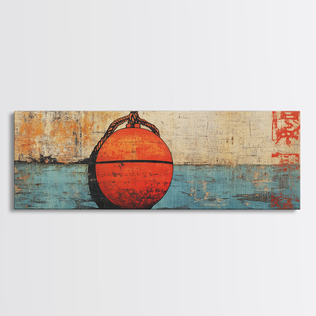 Red Fishing Buoy On Weathered Blue Water, Nautical Wall Art, Coastal Canvas Print, Beach House Decor, Ocean Wall Decor, Gift