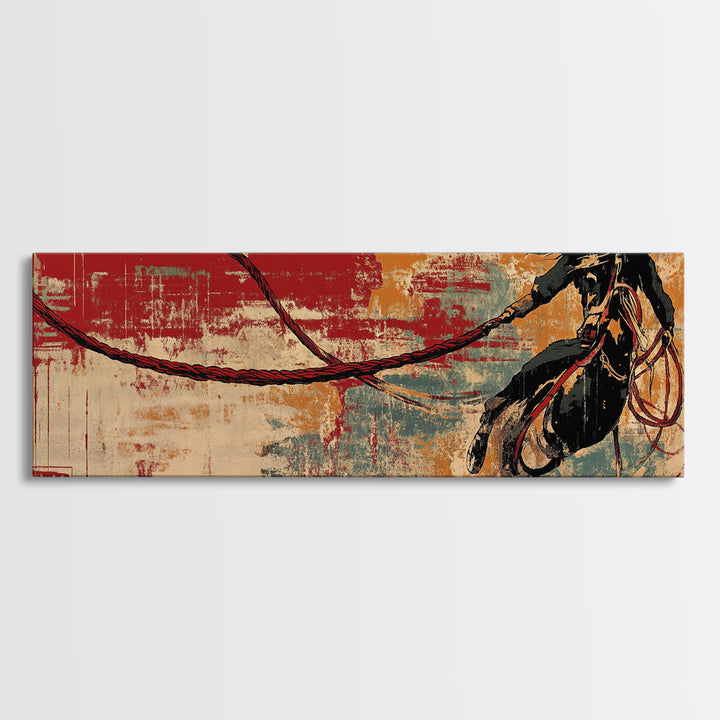 Western Lasso Rope On Red Teal Texture, Cowboy Wall Art, Rustic Canvas Print, Man Cave Decor, Western Home Decor Gift For Him