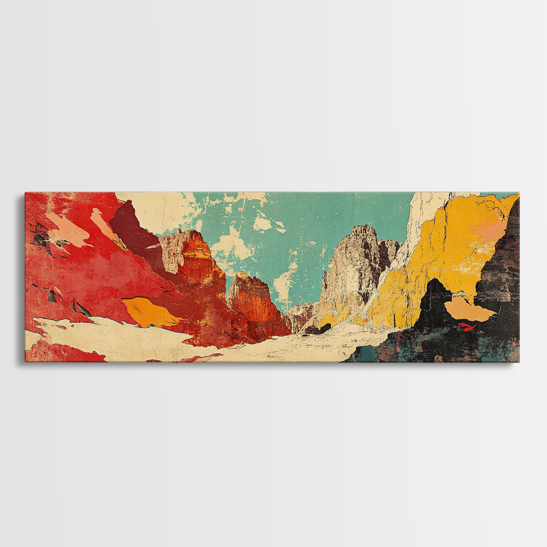 Red Teal Abstract Mountain Landscape Wall Art, Panoramic Canvas Print, Modern Southwestern Decor, Long Horizontal Wall Decor