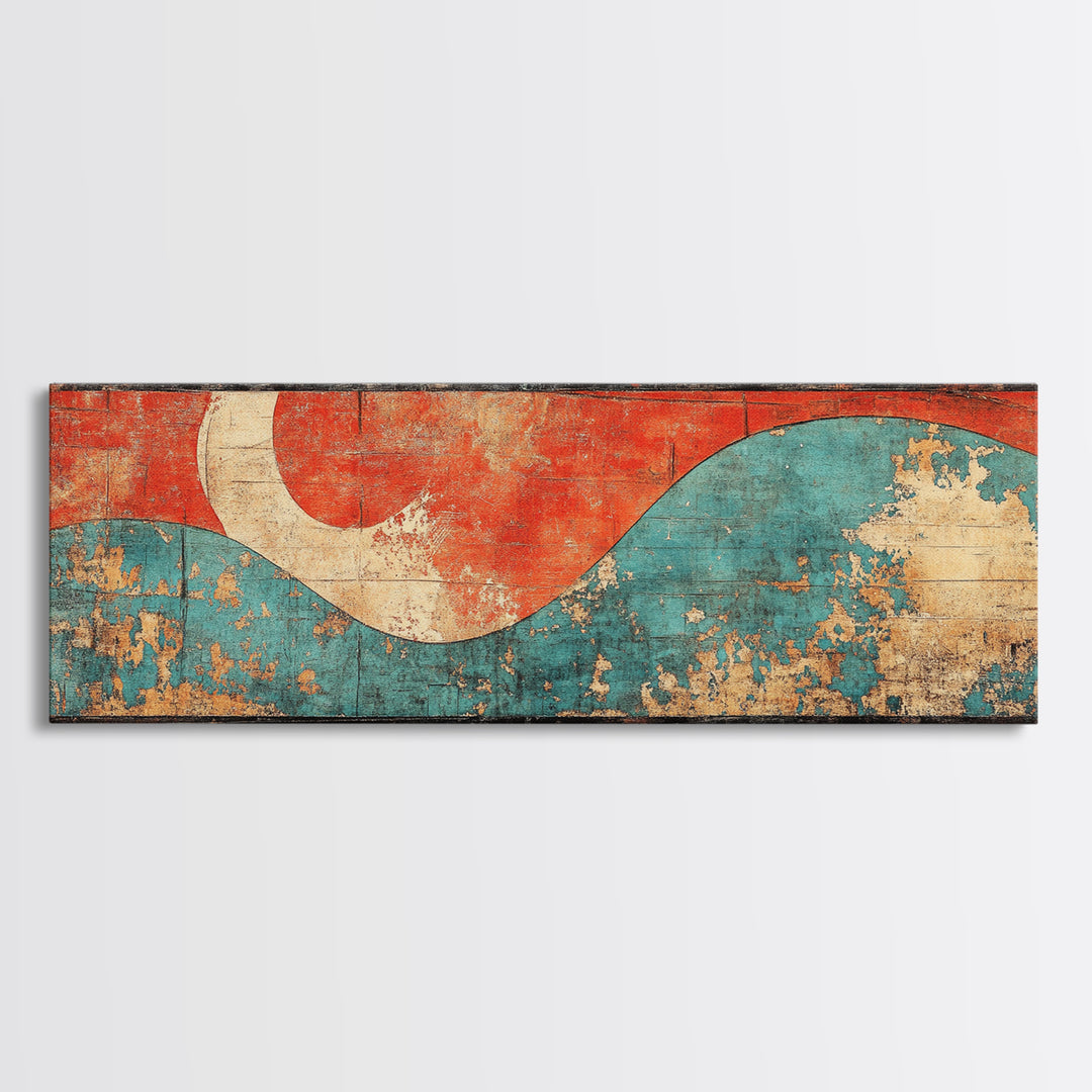Red Sun And Teal Wave Wall Art, Japanese Coastal Canvas Print, Minimalist Abstract Seascape, Long Horizontal Living Room Wall Decor