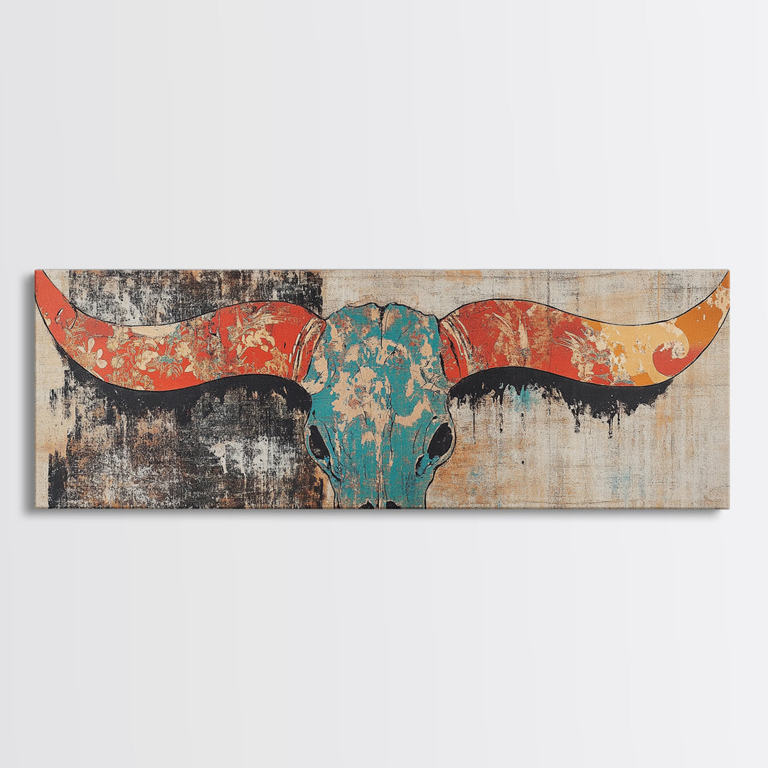 Turquoise Longhorn Skull Wall Art, Western Boho Canvas Print, Southwestern Rustic Decor, Long Horizontal Statement Artwork