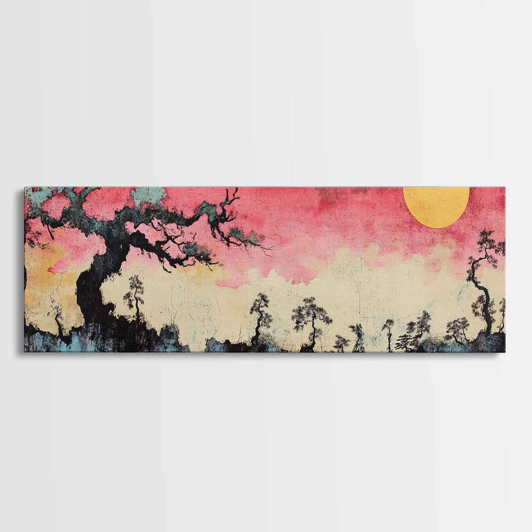 Pink Sunset Moon Tree Landscape Wall Art, Japanese Canvas Print, Dreamy Nature Decor, Long Horizontal Bedroom Wall Decor