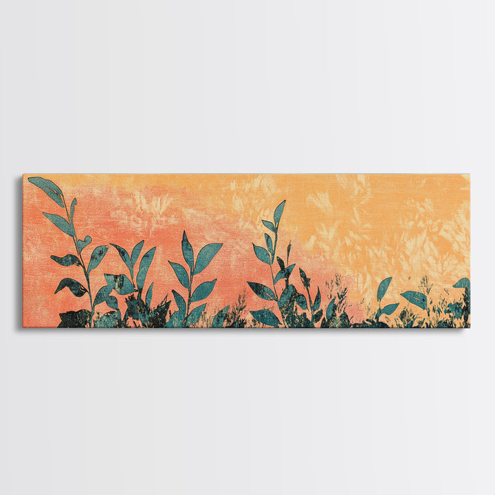Orange Botanical Silhouette Wall Art, Nature Canvas Print, Boho Botanical Decor, Long Horizontal Living Room Wall Art Decor