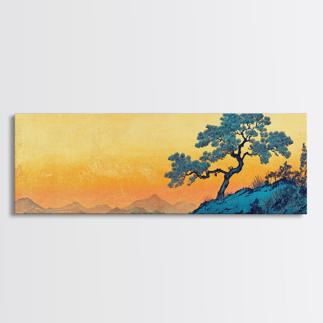 Blue Pine Tree Mountain Landscape Wall Art, Japanese Canvas Print, Serene Nature Decor, Long Horizontal Lake House Wall Decor