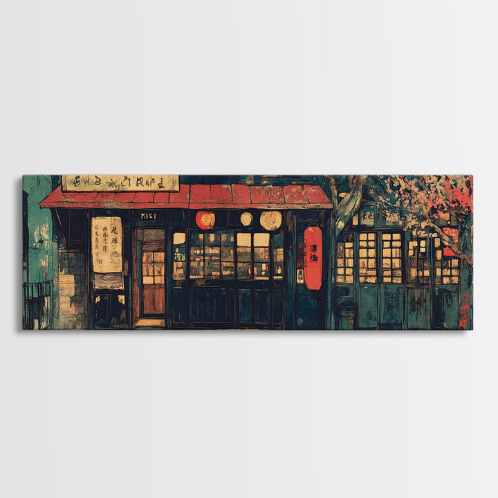 Cozy Japanese Storefront Night Wall Art, Cherry Blossom Cafe Canvas, Asian Home Decor, Japandi Gallery Living Room Print