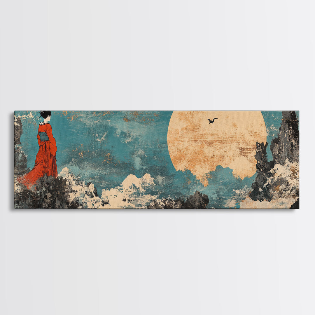 Red Kimono Woman Moon Wall Art, Japanese Landscape Canvas Print, Asian Inspired Decor, Dreamy Japandi Bedroom Art Gift For Her