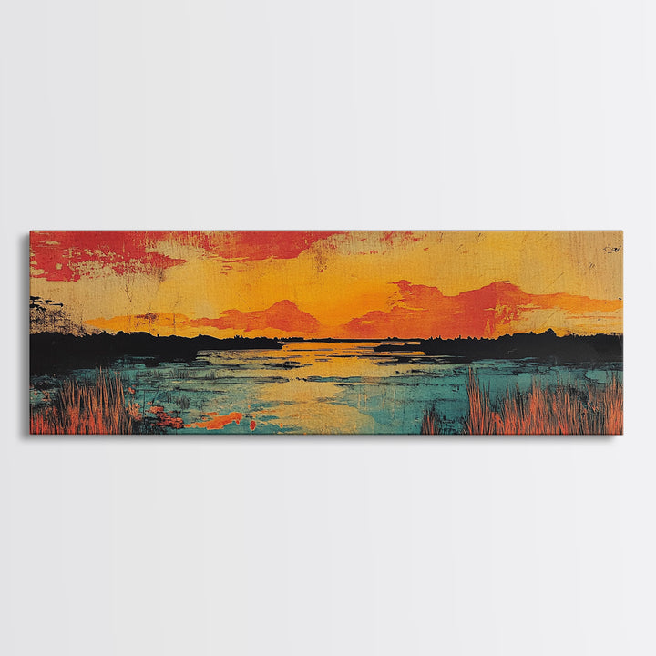 Vibrant Sunset Lake Landscape Wall Art, Marsh Water Canvas Print, Rustic Nature Decor, Large Horizontal Living Room Art Print