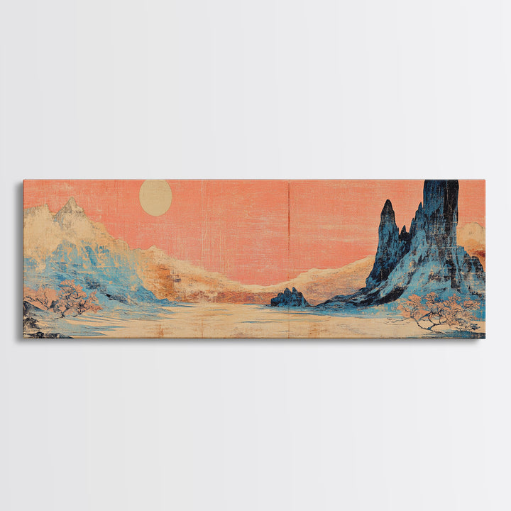 Pastel Desert Mountain Landscape Wall Art, Southwestern Canvas Print, Pink Sky Neutral Decor, Long Horizontal Above Bed Art