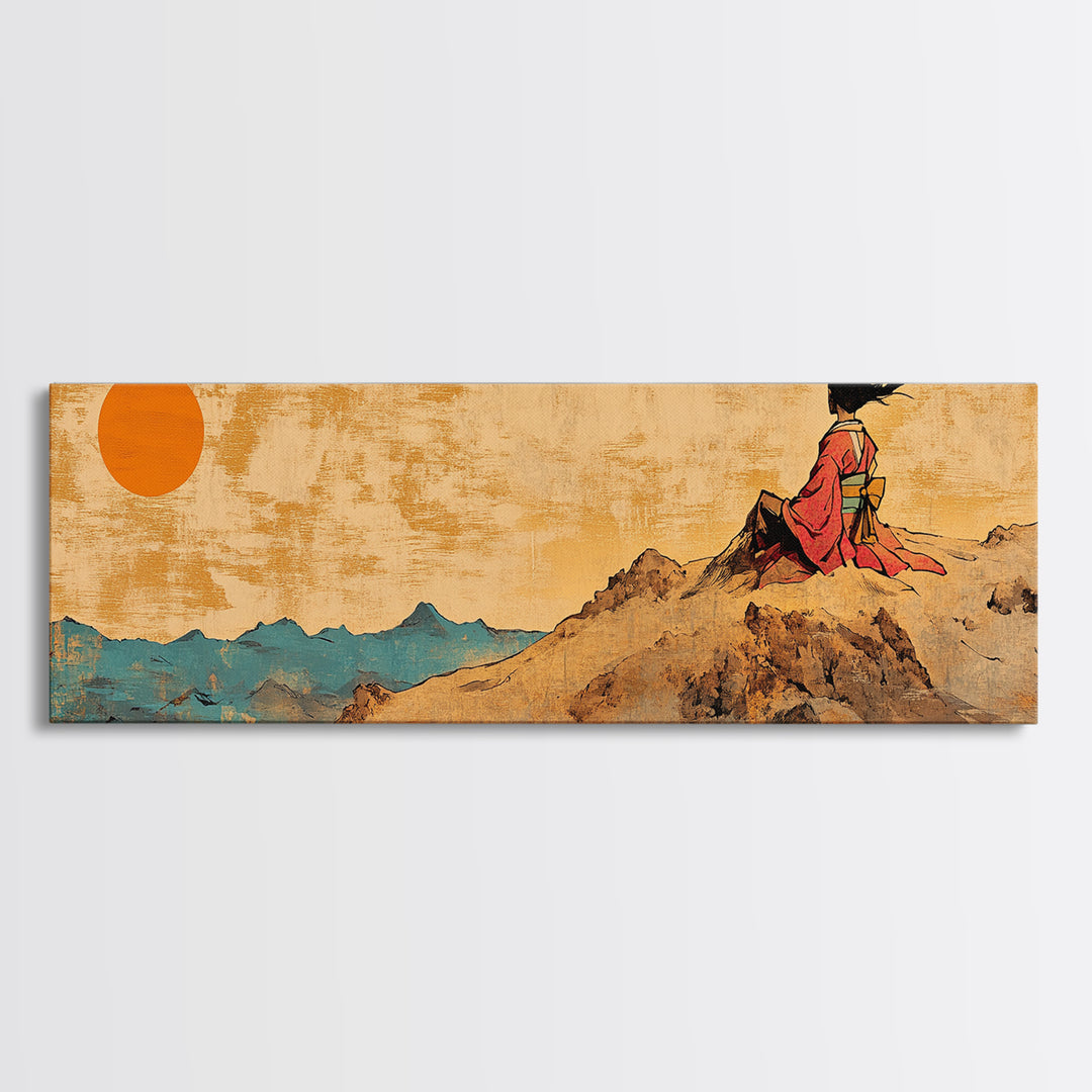 Sunset Woman Cliff Canvas Print, Asian Landscape Wall Art, Warm Desert Mountains, Boho Living Room Decor Housewarming Gift