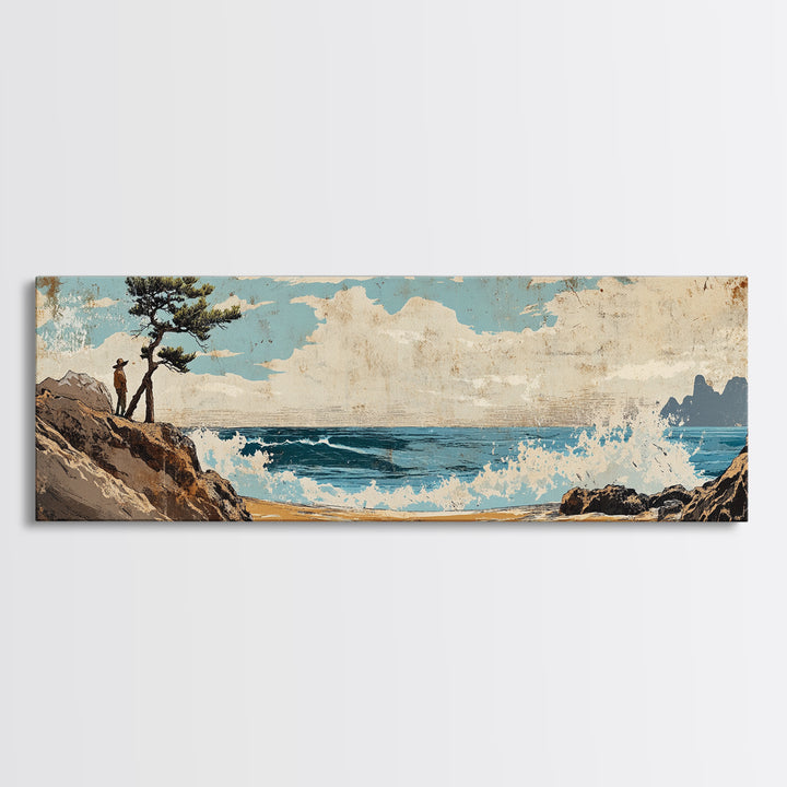Coastal Lone Pine Beach Canvas Print, Ocean Wave Landscape Wall Art, Rustic Nautical Decor, Large Horizontal Art For Beach House Decor