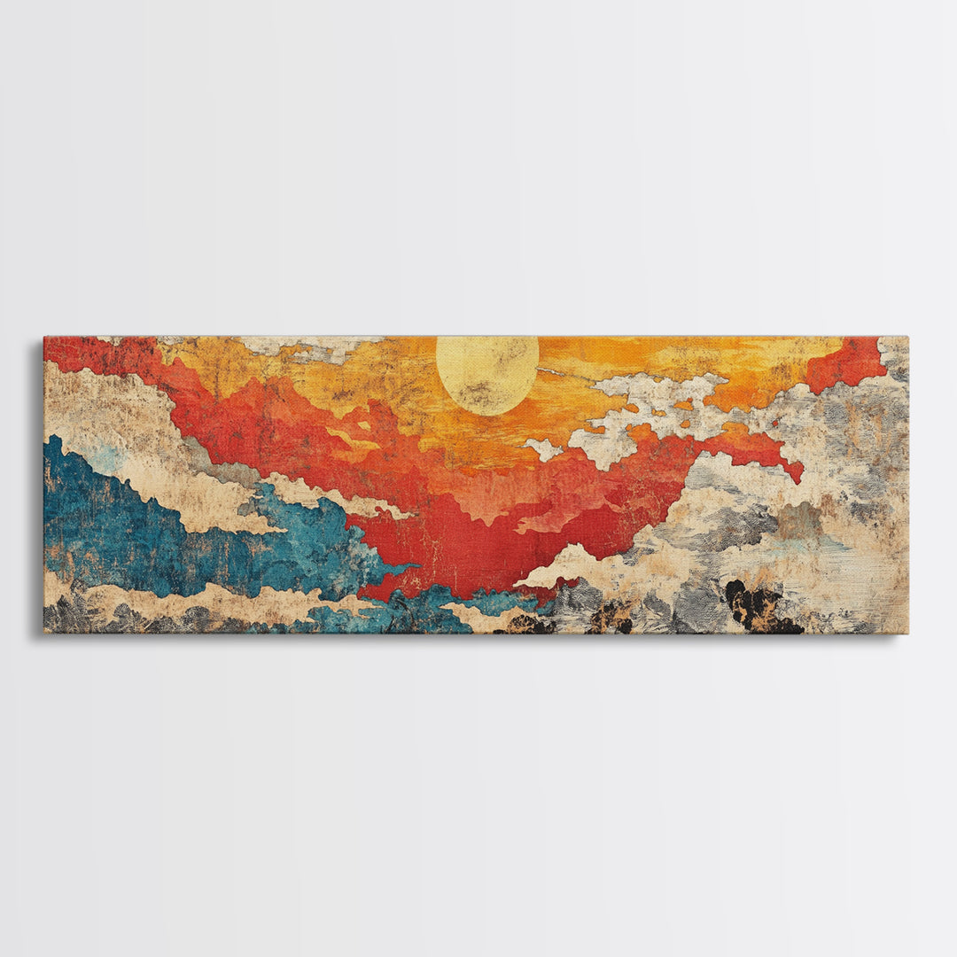 Abstract Red Gold Sunset Canvas Print, Textured Cloudscape Wall Art, Boho Modern Decor, Panoramic Living Room Art, Above Sofa Decor