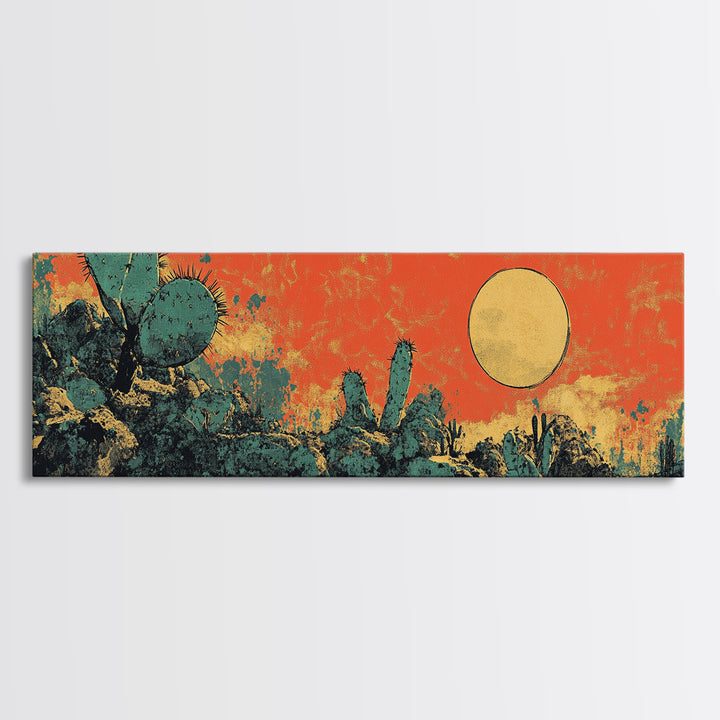 Desert Cactus Sunset Wall Art, Southwestern Landscape Canvas Print, Boho Western Decor, Warm Terracotta Home Decor Gift For Him