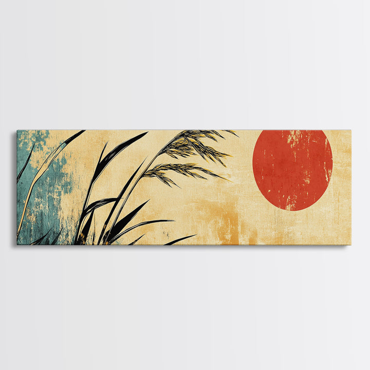 Minimal Reeds And Red Sun Canvas Print, Japanese Wall Art, Zen Home Decor, Japandi Coastal Poster For Calm Living Room Decor