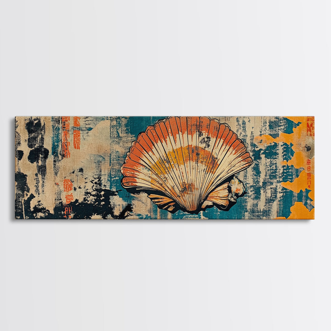 Orange Seashell On Blue Textured Canvas Print, Japanese Coastal Wall Art, Nautical Bathroom Decor, Ocean Gallery Wall Art