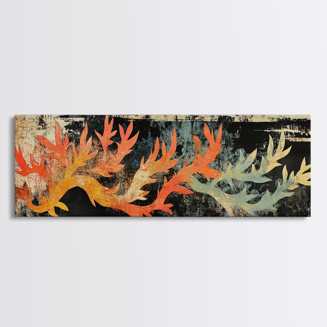 Fiery Coral Branch On Dark Canvas Print, Japanese Ocean Wall Art, Coastal Wall Decor, Nautical Sea Life Statement Art Print