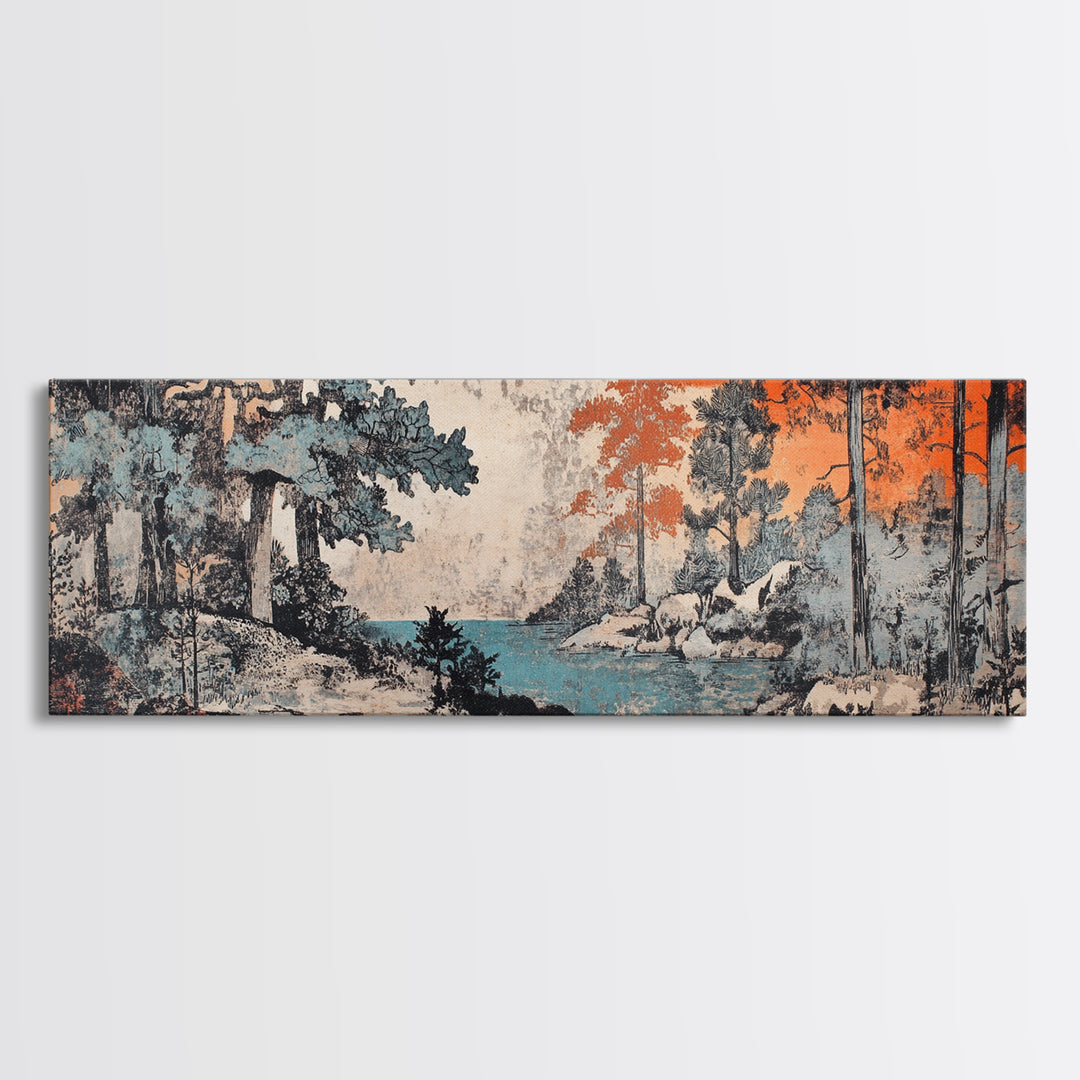 Snowy Pine Forest And Blue Lake Canvas Print, Japanese Landscape Wall Art, Nature Wall Decor, Japandi Winter Home Decor Gift