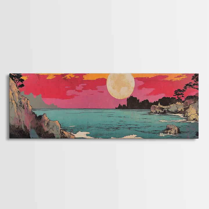 Pink Sunset Over Turquoise Cove Canvas Print, Japanese Coastal Wall Art, Ocean Seascape Decor, Beach House Wall Art Print