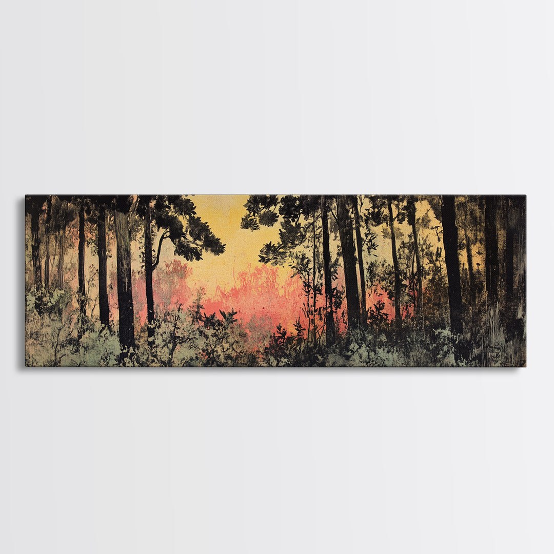 Dark Pine Forest At Pink Sunset Canvas Print, Moody Landscape Wall Art, Nature Wall Decor, Rustic Cabin Decor For Home Gift