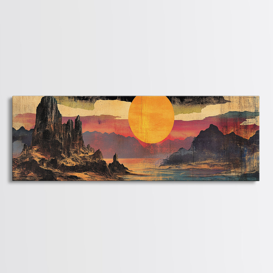 Orange Sun Over Desert Canyon Canvas Print, Southwestern Wall Art, Western Landscape Decor, Large Panoramic Wall Art For Home