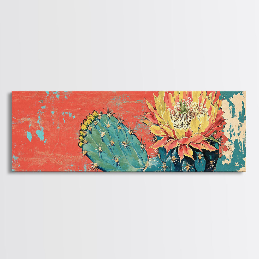 Blooming Desert Cactus On Coral Turquoise Texture Wall Art, Southwestern Canvas Print, Boho Desert Decor, Large Horizontal Art