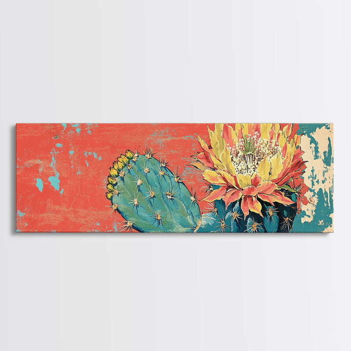 Blooming Desert Cactus On Coral Turquoise Texture Wall Art, Southwestern Canvas Print, Boho Desert Decor, Large Horizontal Art