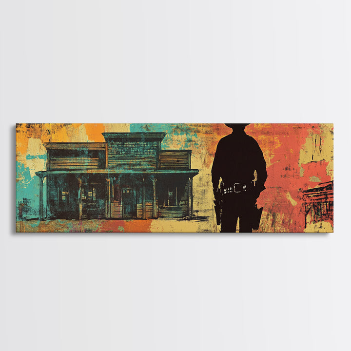 Cowboy Silhouette Beside Old Saloon Wall Art, Western Framed Canvas Print, Rustic Man Cave Decor, Southwest Statement Art