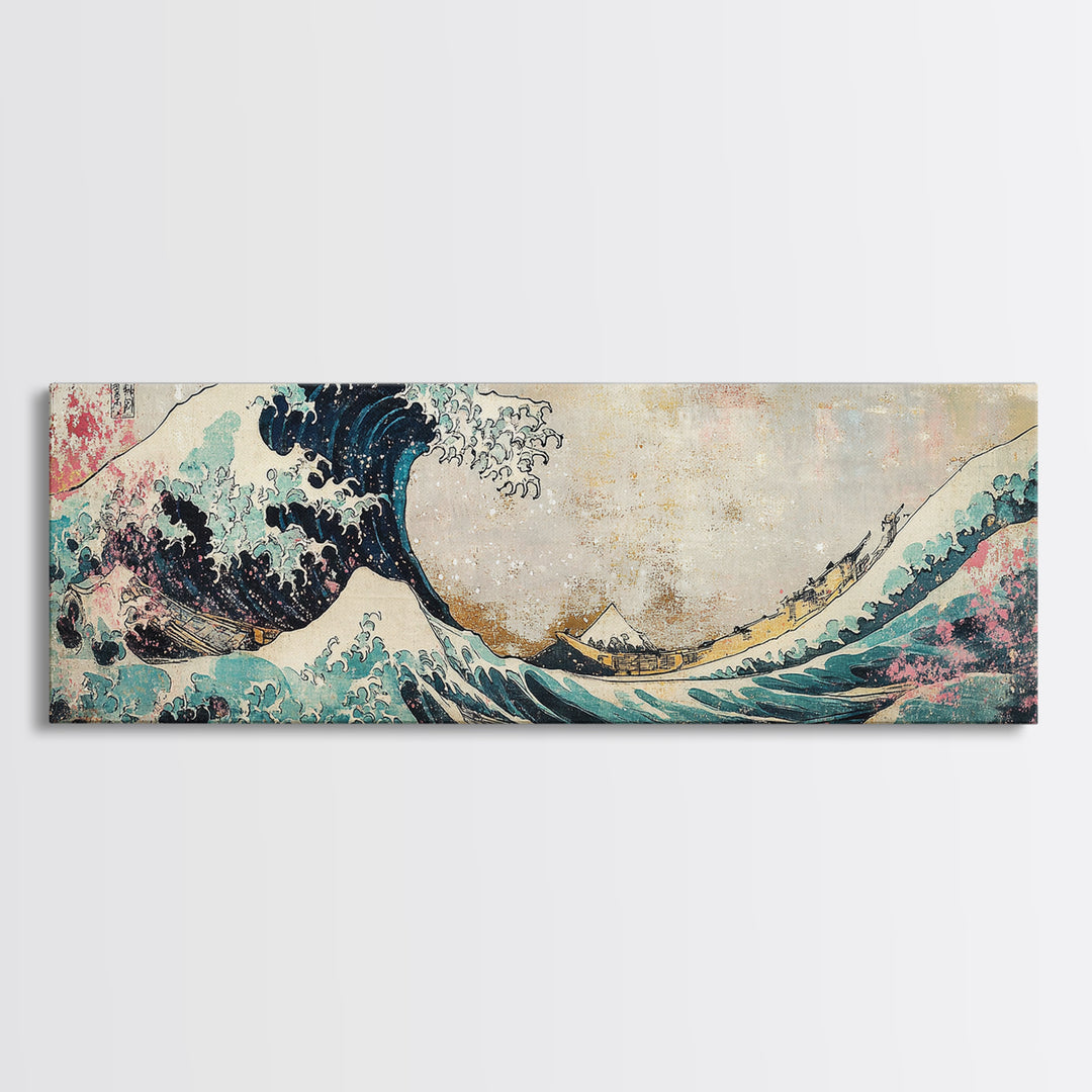 Japanese Great Wave With Soft Pastel Mountains Wall Art, Ukiyo E Framed Canvas Print, Coastal Japandi Decor, Ocean Art Print