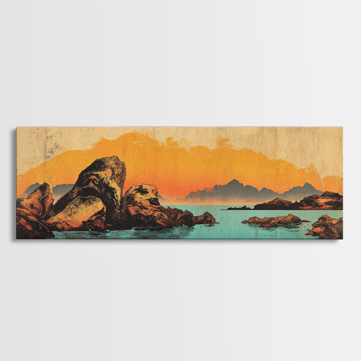 Orange Sunset Mountain Lake With Rocks Wall Art, Southwestern Canvas Print, Rustic Landscape Decor, Large Horizontal Art