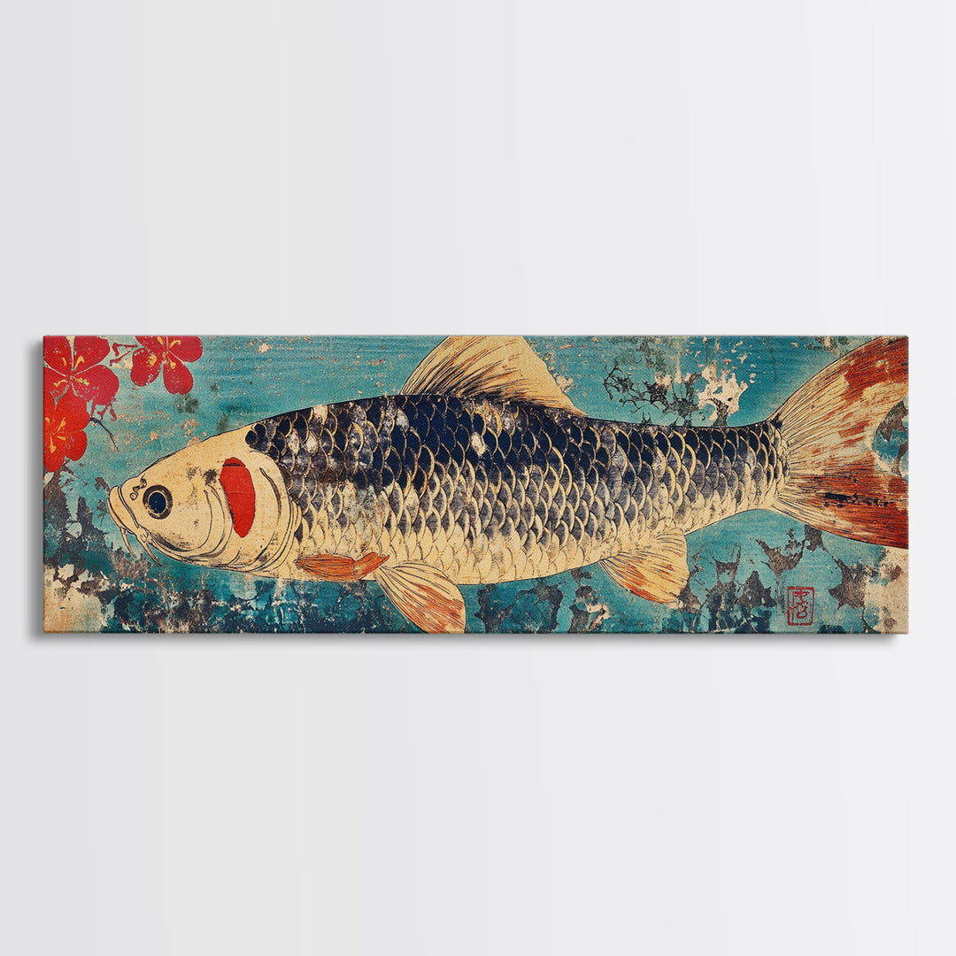 Koi Fish With Red Blossoms On Blue Texture Wall Art, Japanese Framed Canvas Print, Asian Decor, Nature Inspired Art Print