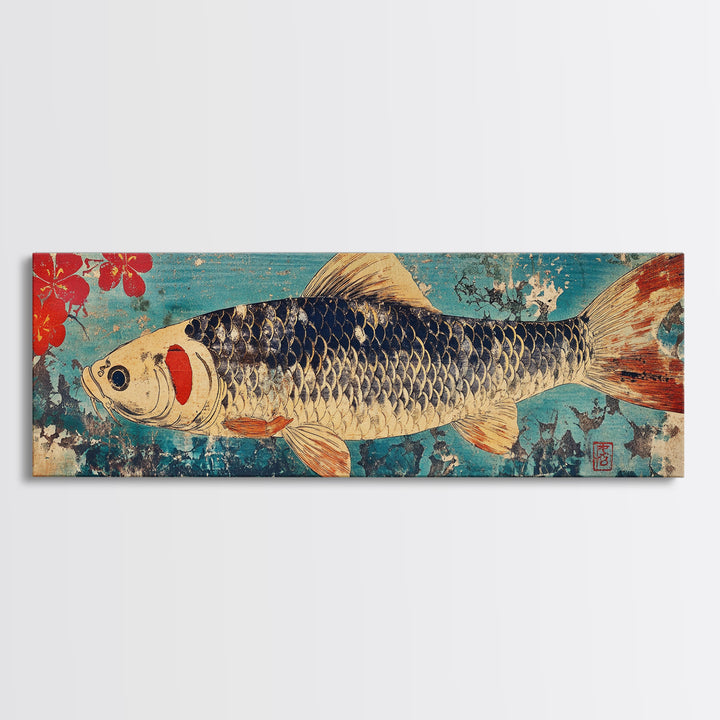 Koi Fish With Red Blossoms On Blue Texture Wall Art, Japanese Framed Canvas Print, Asian Decor, Nature Inspired Art Print