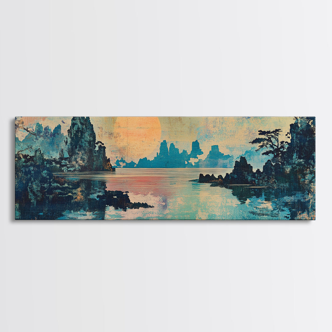 Serene Lake Sunset Framed Canvas Print, Japanese Landscape Wall Art, Coastal Home Decor, Living Room Art, Housewarming Gift