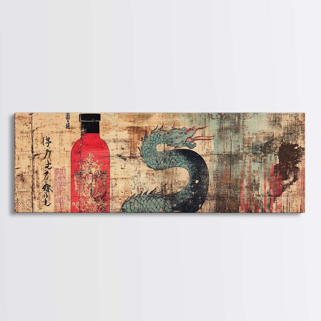 Red Sake Bottle And Dragon Wall Art, Asian Inspired Canvas Print, Japanese Decor, Kitchen Wall Decor, Gift For Him, Home Decor