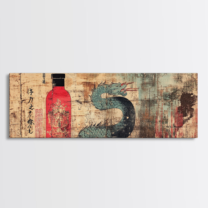 Red Sake Bottle And Dragon Wall Art, Asian Inspired Canvas Print, Japanese Decor, Kitchen Wall Decor, Gift For Him, Home Decor