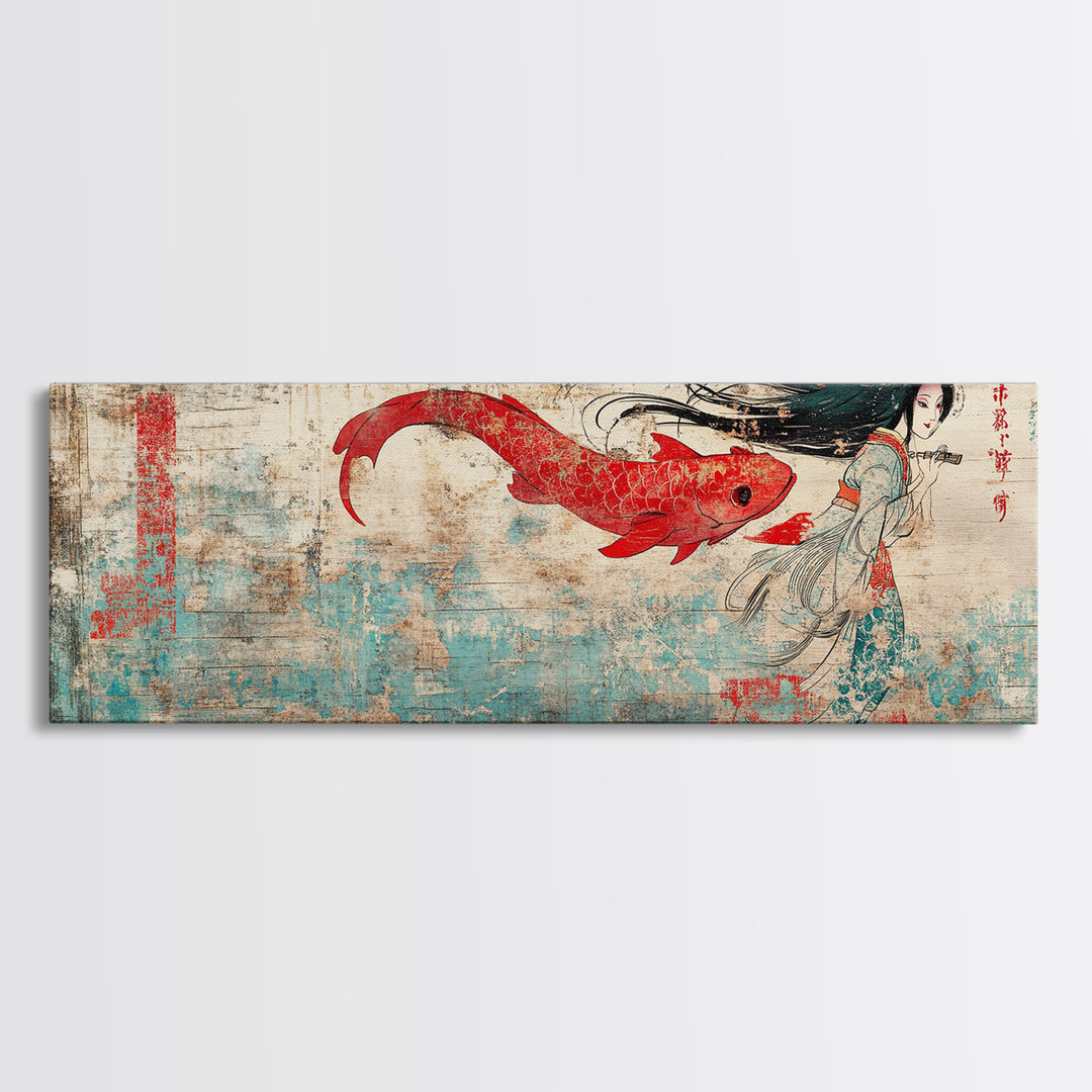 Red Koi Mermaid Wall Art, Asian Fantasy Canvas Print, Japanese Wall Decor, Whimsical Art, Bedroom Decor, Gift For Her, Home Decor