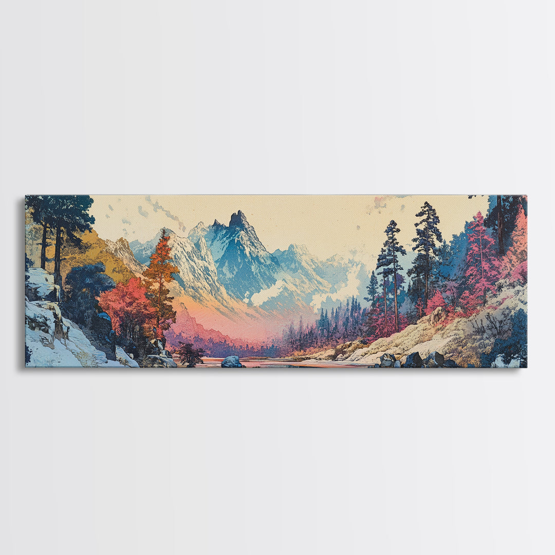 Snowy Mountain River Framed Canvas Print, Japanese Landscape Wall Art, Nature Wall Decor, Cabin Decor, Housewarming Gift