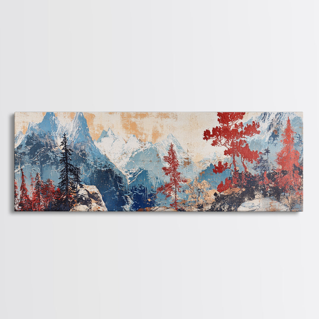 Alpine Peaks And Red Pines Canvas Print, Rustic Mountain Wall Art, Nature Wall Decor, Large Landscape Art, Cabin Decor, Home Decor