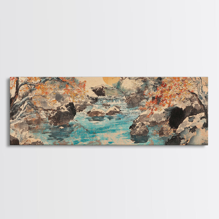 Autumn River Rocks Wall Art, Japanese Landscape Canvas Print, Nature Wall Decor, Rustic Home Decor, Calming Living Room Art