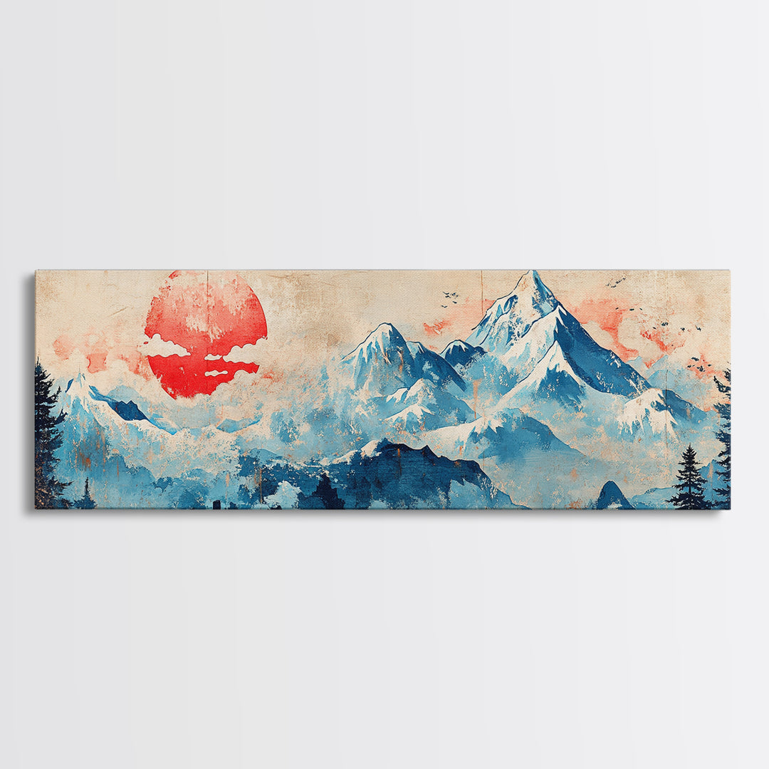 Blue Snowy Mountains And Red Sun Wall Art, Japanese Landscape Canvas Print, Minimalist Decor, Above Bed Art, Home Decor Print