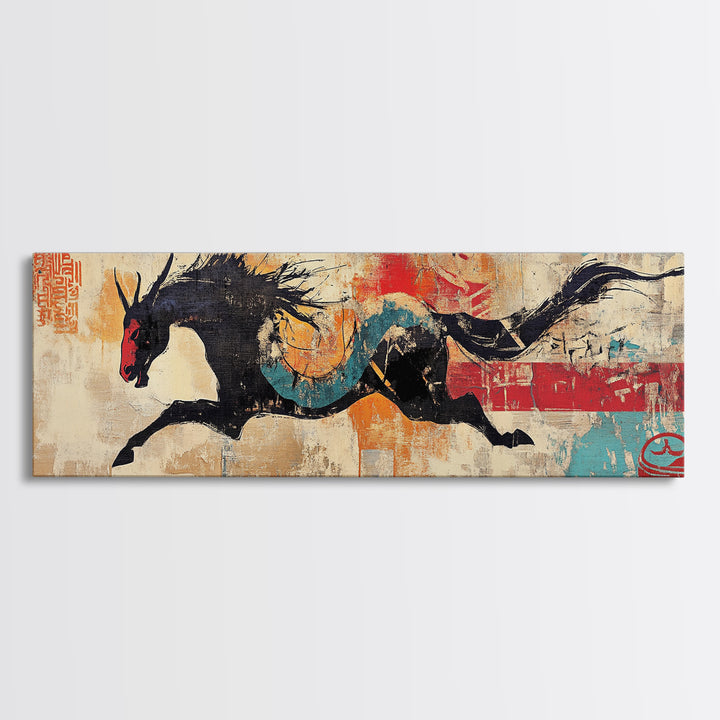 Black Dragon Horse Wall Art, Asian Fantasy Canvas Print, Japanese Decor, Mythical Creature Art, Bold Wall Decor, Gift For Him