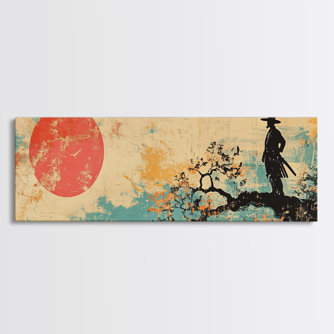 Samurai At Red Sun Wall Art, Japanese Warrior Silhouette Canvas, Asian Inspired Decor, Long Horizontal Zen Landscape Print