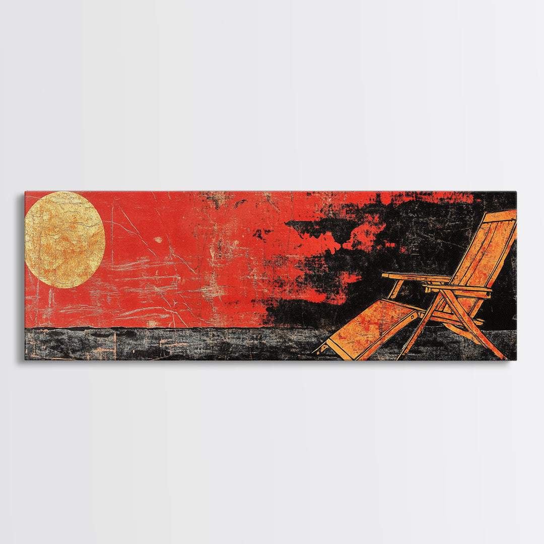 Red Sunset Beach Chair Wall Art, Coastal Lounge Canvas Print, Tropical Home Decor, Summer Ocean Poster For Living Room Decor