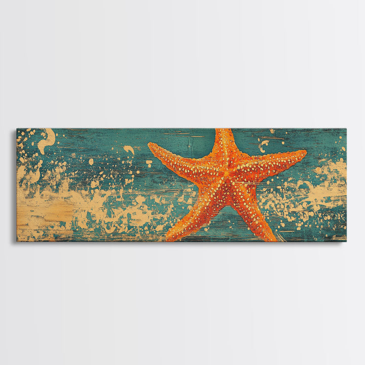 Orange Starfish Wave Wall Art, Coastal Beach Canvas Print, Nautical Bathroom Decor, Tropical Ocean Art For Beach House Decor
