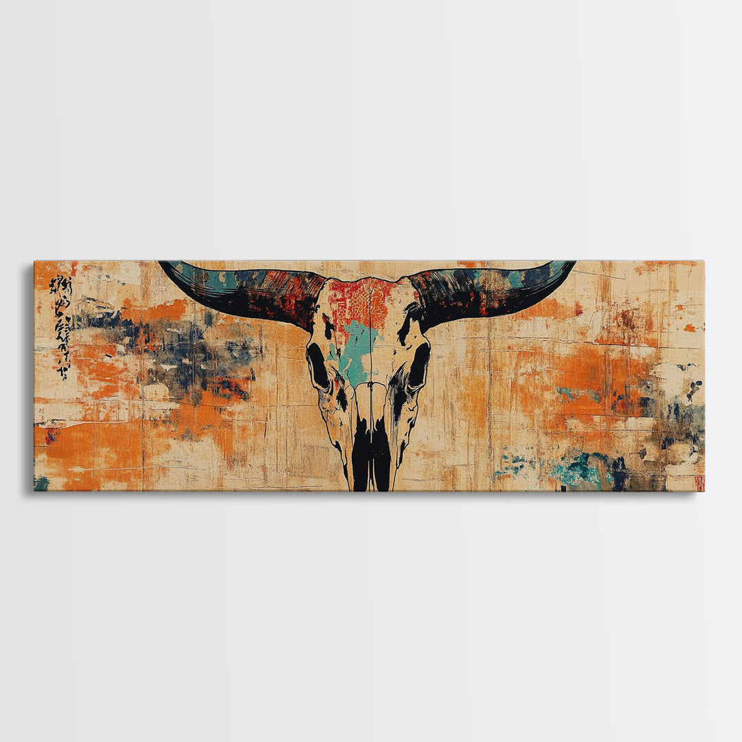 Longhorn Skull Wall Art, Western Rustic Canvas Print, Southwestern Cowboy Decor, Earth Tone Ranch Style Living Room Art Print