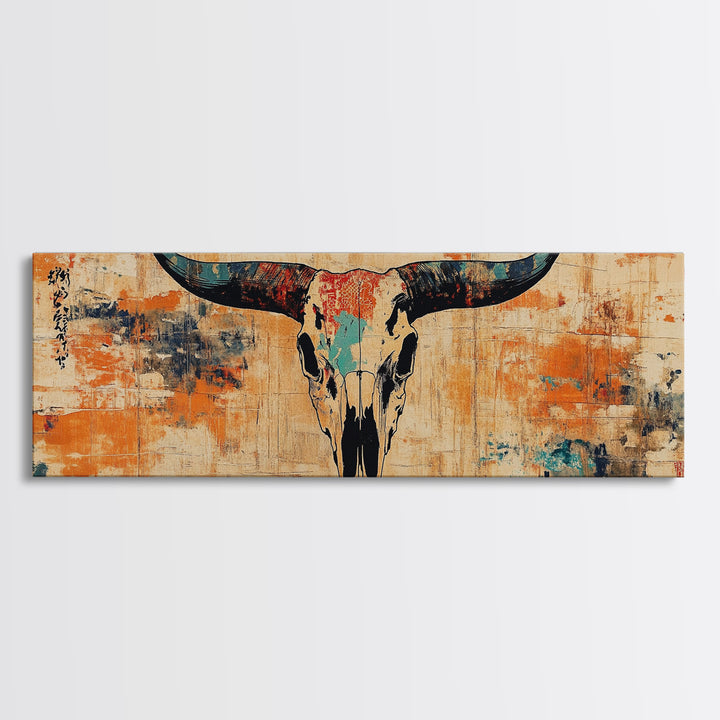 Longhorn Skull Wall Art, Western Rustic Canvas Print, Southwestern Cowboy Decor, Earth Tone Ranch Style Living Room Art Print