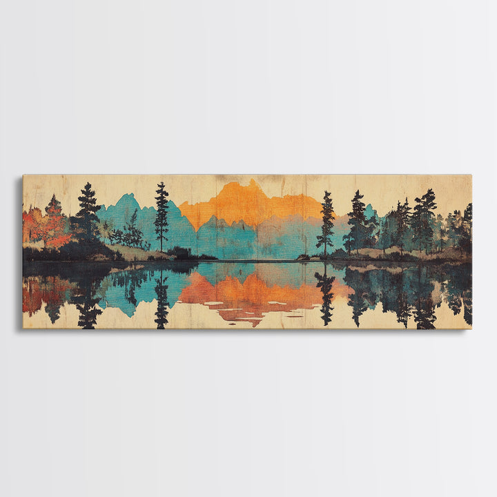 Mountain Lake Reflection Wall Art, Rustic Landscape Canvas Print, Cabin Home Decor, Panoramic Nature Art For Living Room