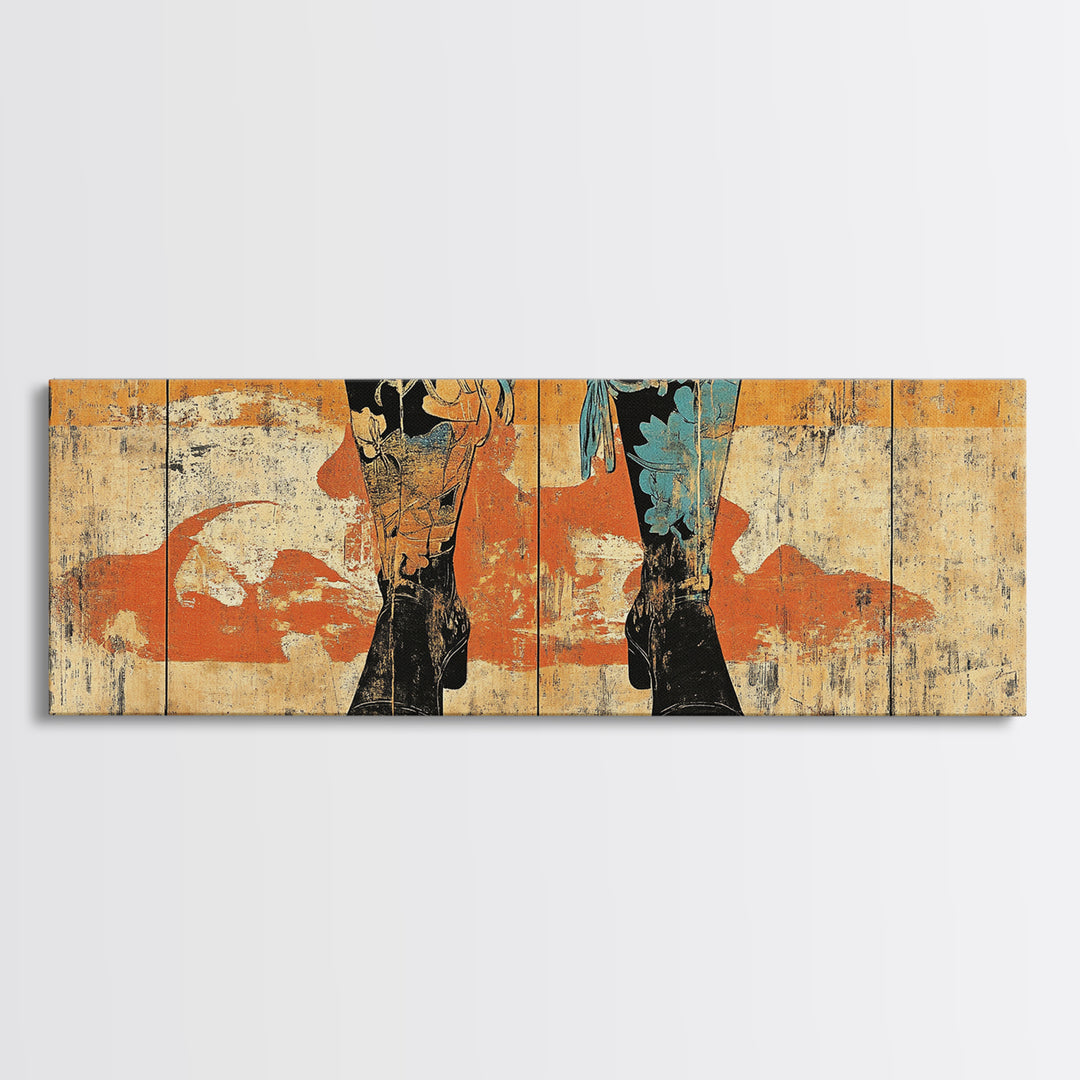 Cowboy Boots And Hat Wall Art, Western Cowgirl Canvas Print, Rustic Ranch Home Decor, Long Horizontal Bedroom Wall Decor