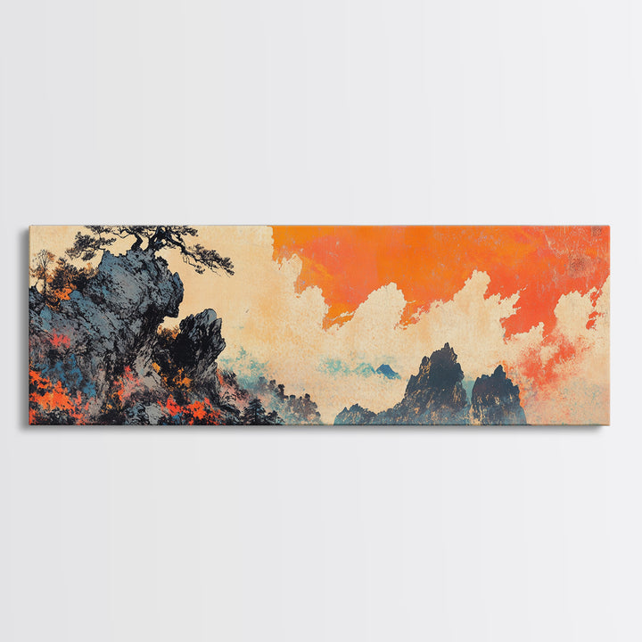 Misty Asian Mountains Wall Art, Orange Sky Landscape Canvas Print, Japanese Zen Home Decor, Dramatic Nature Poster For Living Room
